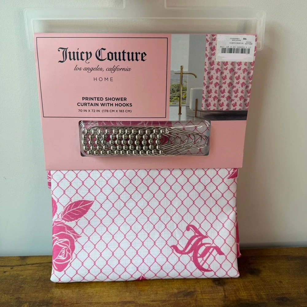 New Juicy Couture 70x72 Fabric Shower Curtain Hooks Pink White Fishnet Roses